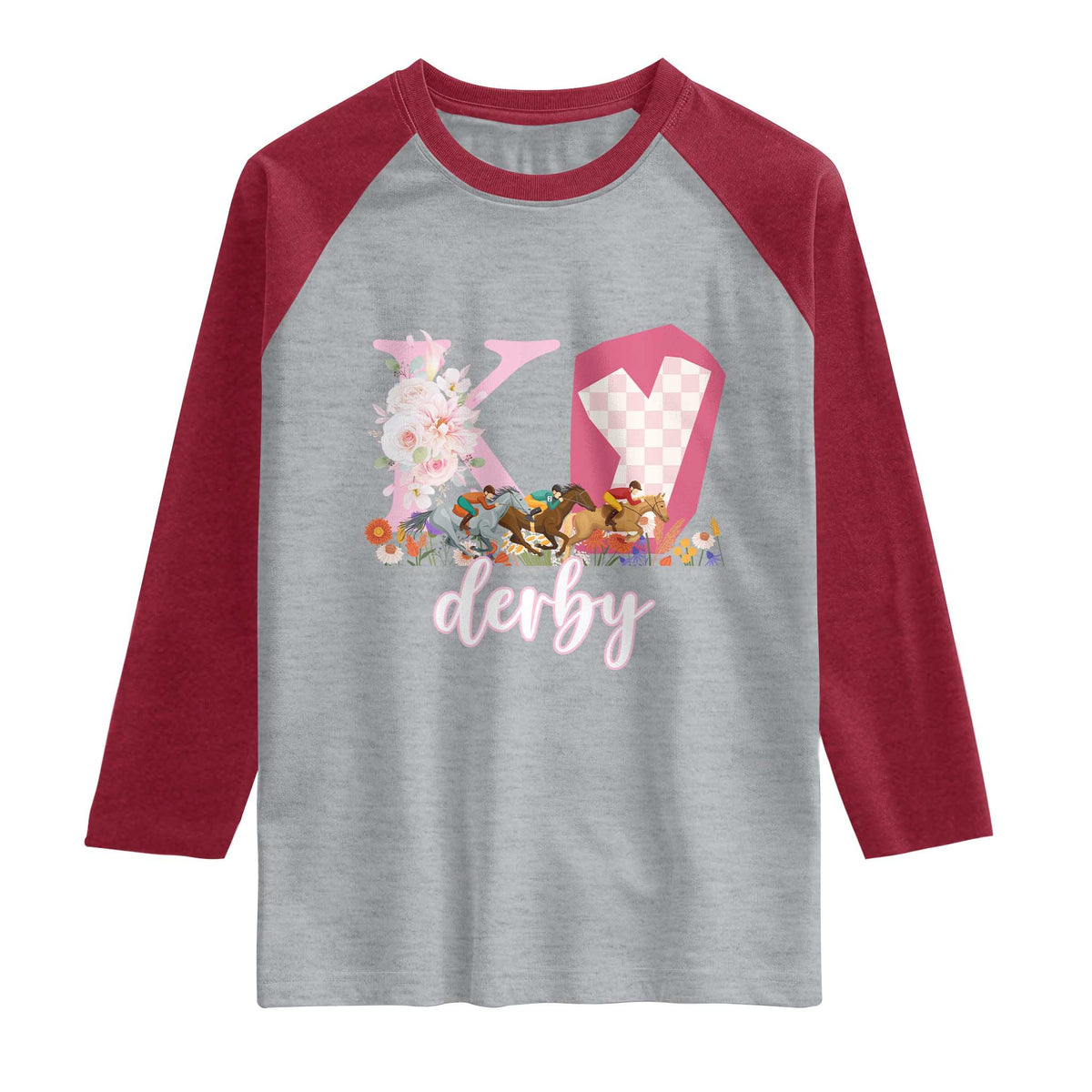 Retro Floral KY Horse Racing Graphic Raglan Shirt Pink Gingham Southern Belle Derby Day Aesthetic TS02 Heather Gray Heather Red Print Your Wear