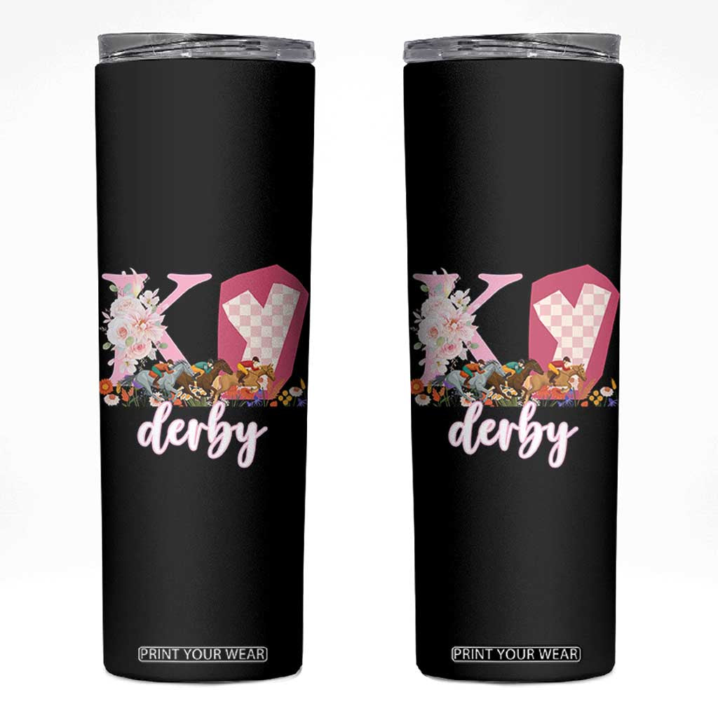 Retro Floral KY Horse Racing Graphic Skinny Tumbler Pink Gingham Southern Belle Derby Day Aesthetic TS02 Black Print Your Wear