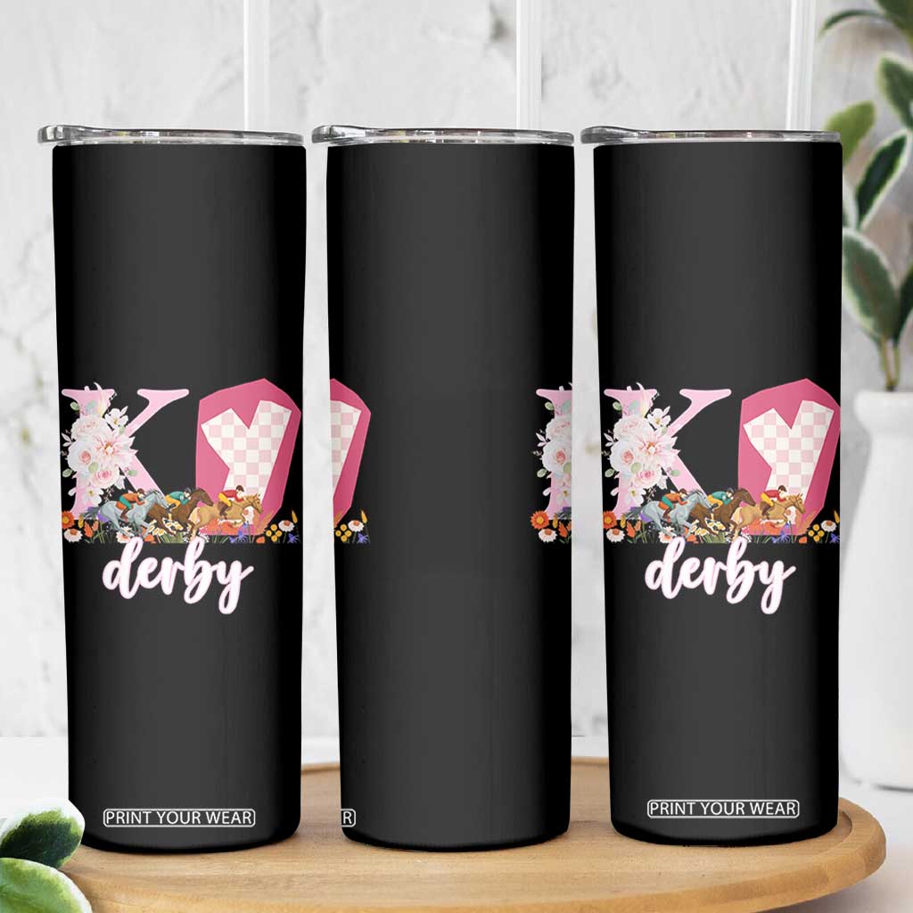 Retro Floral KY Horse Racing Graphic Skinny Tumbler Pink Gingham Southern Belle Derby Day Aesthetic TS02 Print Your Wear