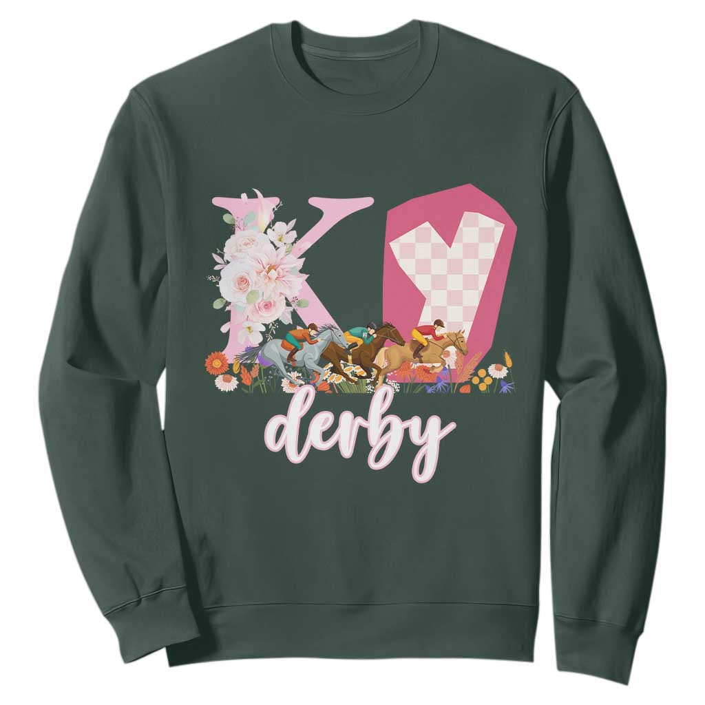 Retro Floral KY Horse Racing Graphic Sweatshirt Pink Gingham Southern Belle Derby Day Aesthetic TS02 Dark Forest Green Print Your Wear