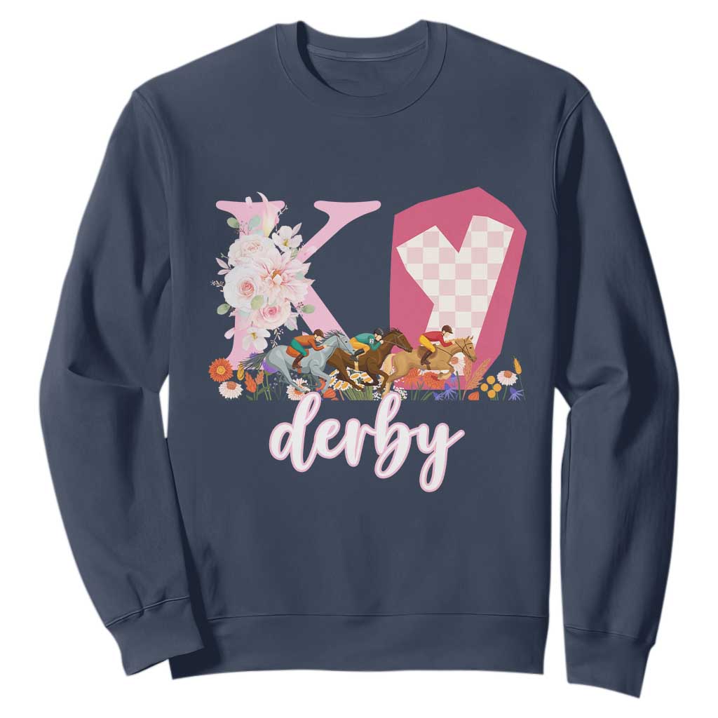 Retro Floral KY Horse Racing Graphic Sweatshirt Pink Gingham Southern Belle Derby Day Aesthetic TS02 Navy Print Your Wear