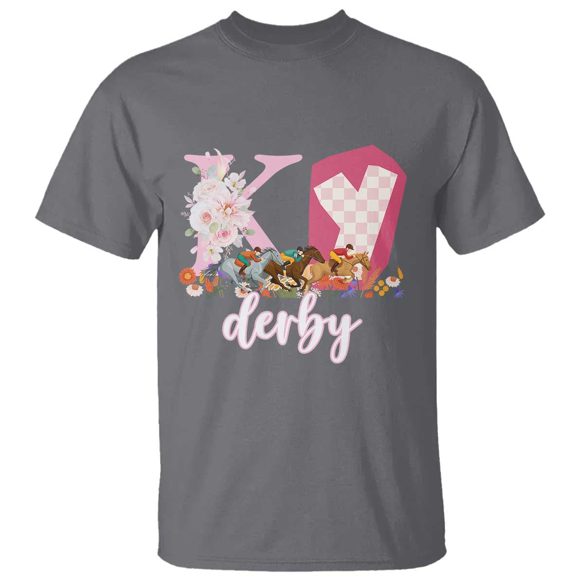 Retro Floral KY Horse Racing Graphic T Shirt Pink Gingham Southern Belle Derby Day Aesthetic TS02 Charcoal Print Your Wear