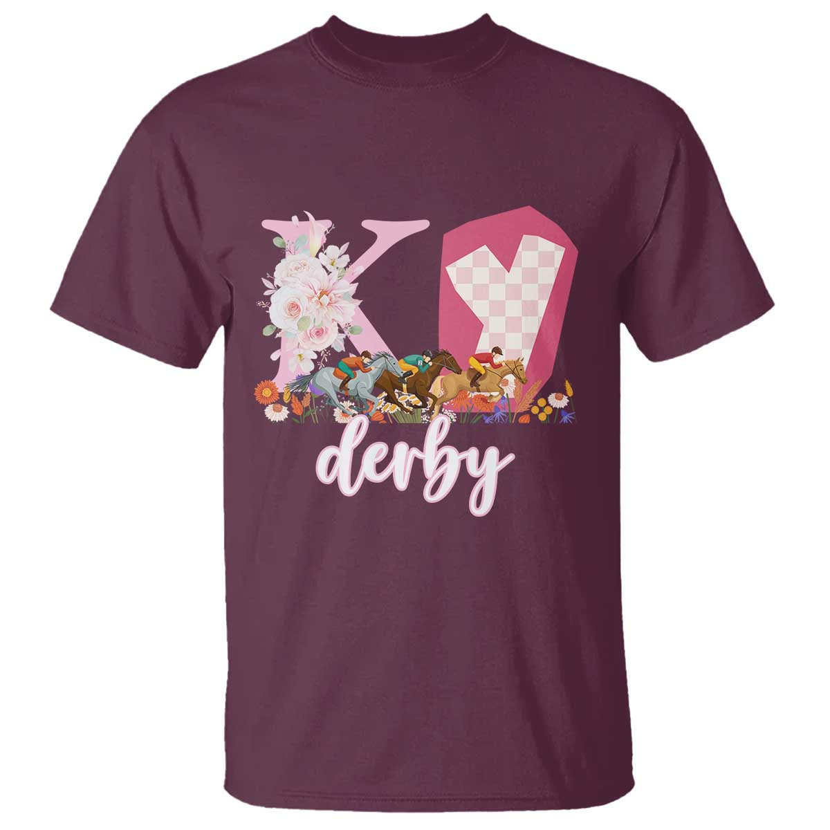 Retro Floral KY Horse Racing Graphic T Shirt Pink Gingham Southern Belle Derby Day Aesthetic TS02 Maroon Print Your Wear