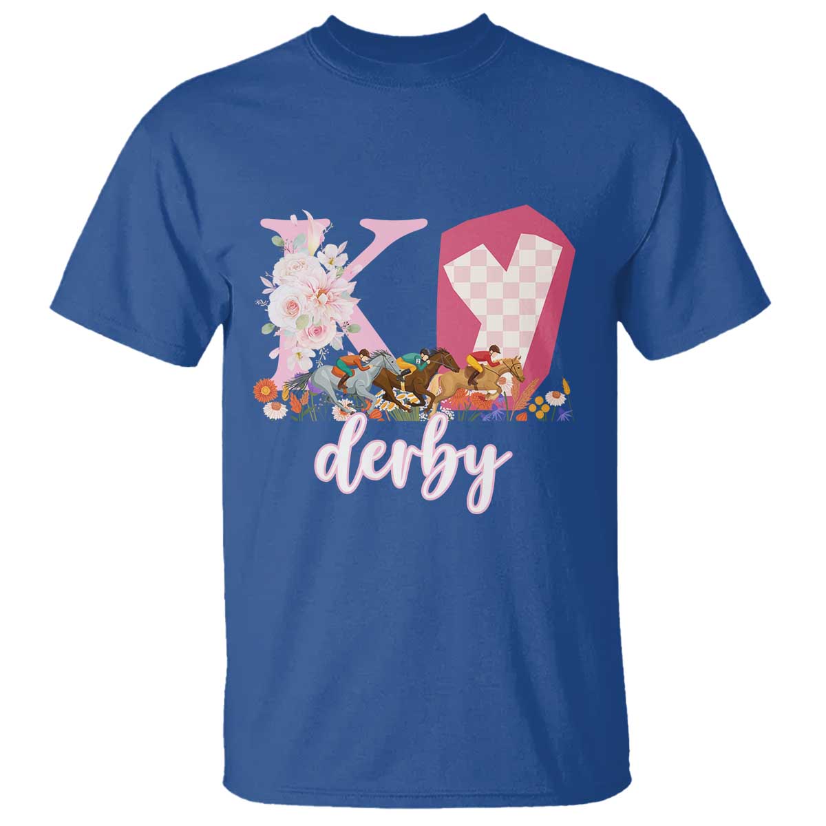 Retro Floral KY Horse Racing Graphic T Shirt Pink Gingham Southern Belle Derby Day Aesthetic TS02 Royal Blue Print Your Wear