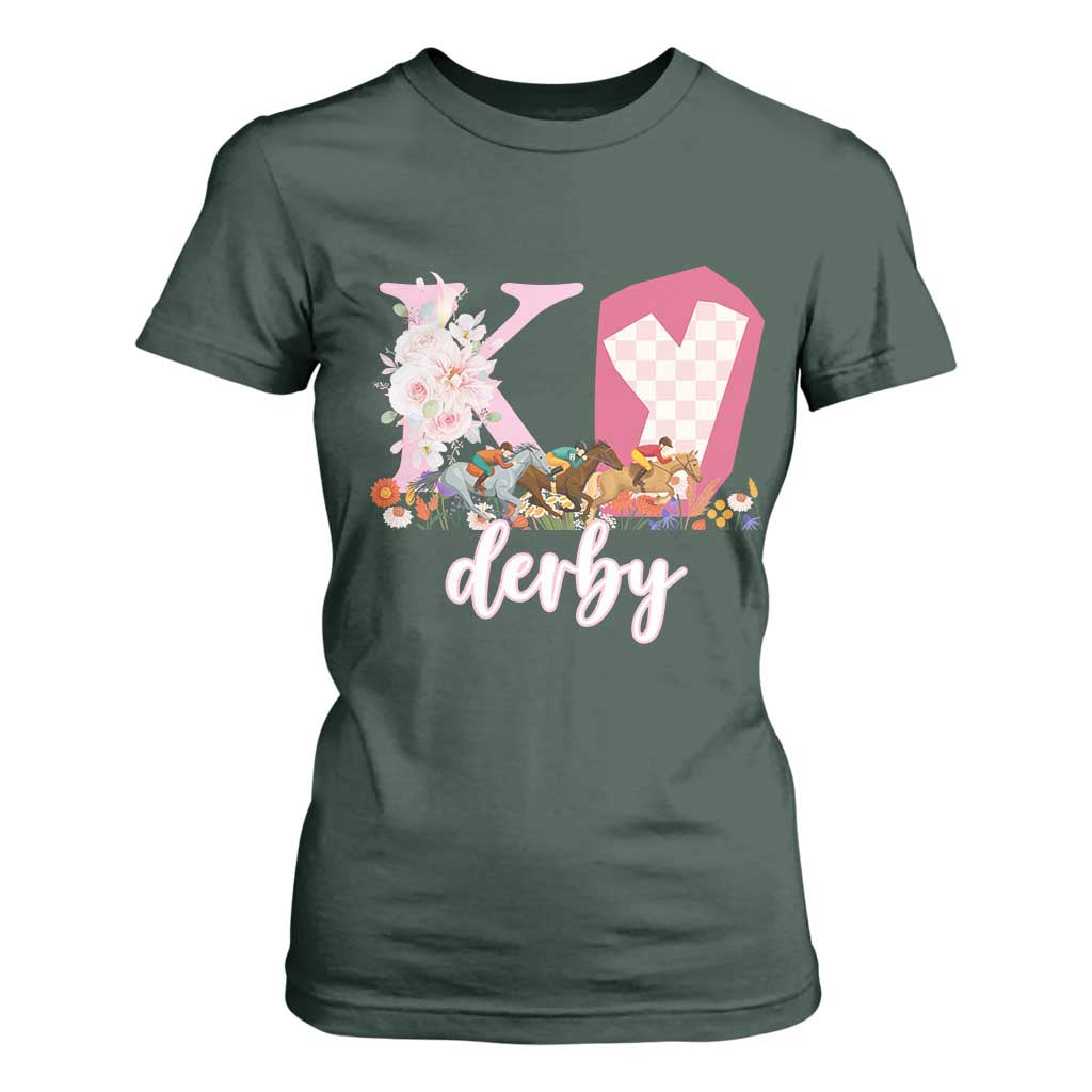 Retro Floral KY Horse Racing Graphic T Shirt For Women Pink Gingham Southern Belle Derby Day Aesthetic TS02 Dark Forest Green Print Your Wear