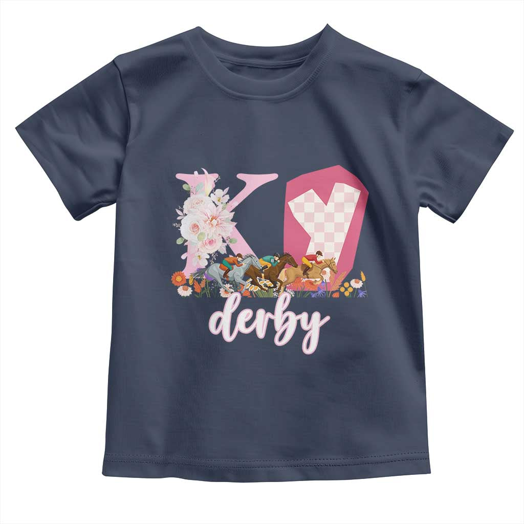 Retro Floral KY Horse Racing Graphic Toddler T Shirt Pink Gingham Southern Belle Derby Day Aesthetic TS02 Navy Print Your Wear