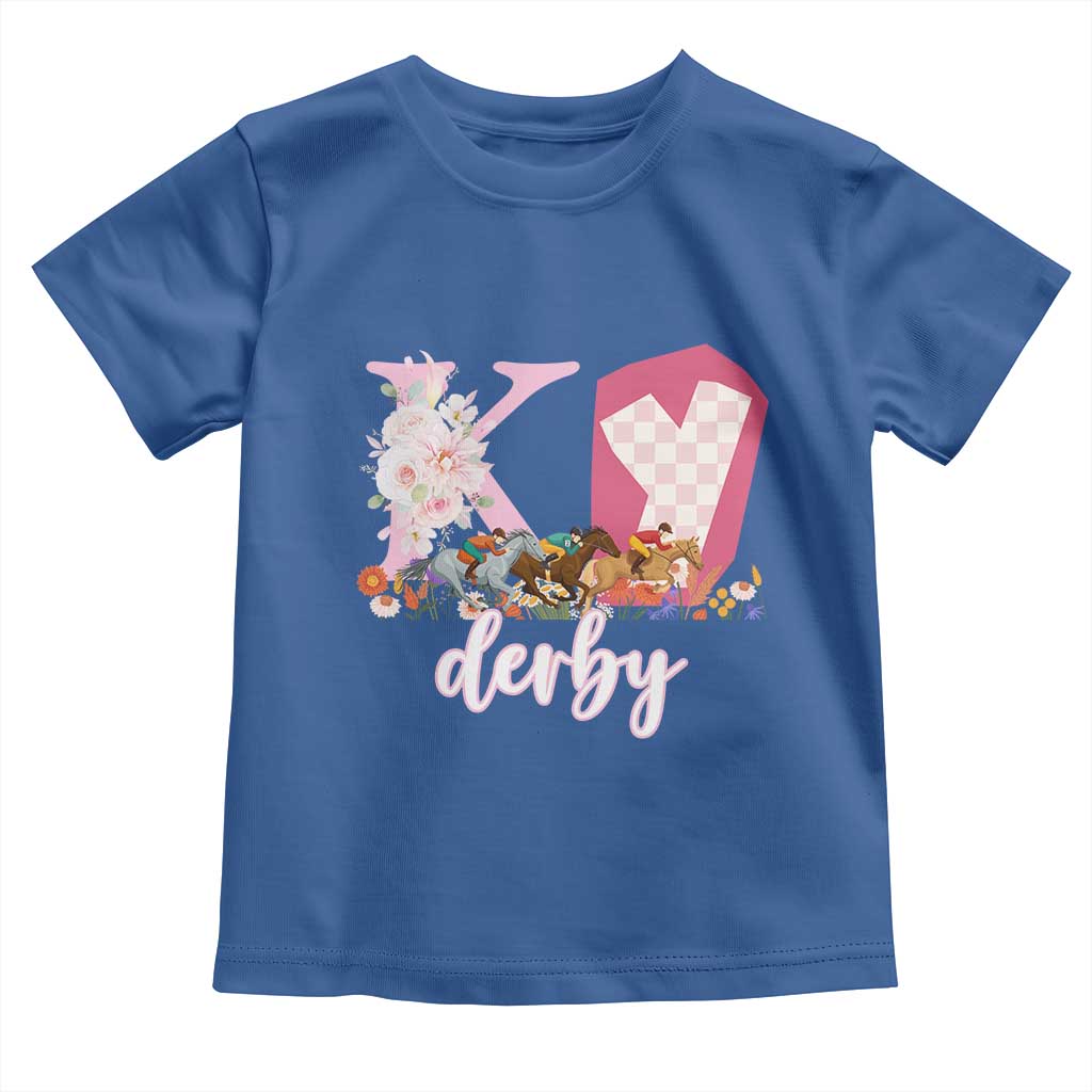 Retro Floral KY Horse Racing Graphic Toddler T Shirt Pink Gingham Southern Belle Derby Day Aesthetic TS02 Royal Blue Print Your Wear