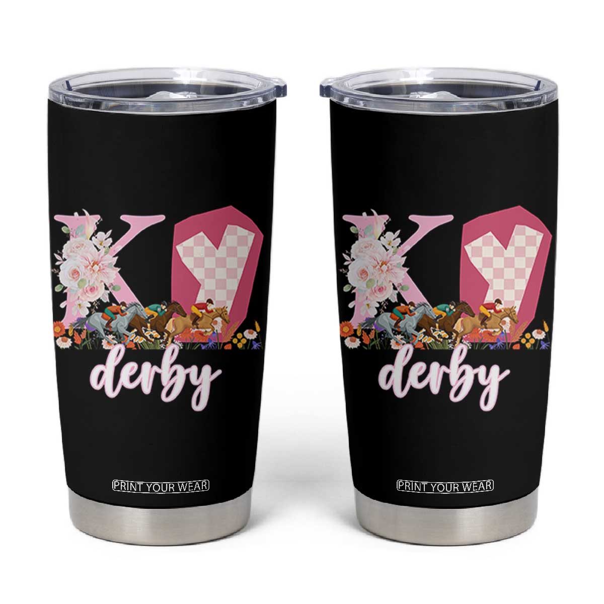 Retro Floral KY Horse Racing Graphic Tumbler Cup Pink Gingham Southern Belle Derby Day Aesthetic TS02 Black Print Your Wear