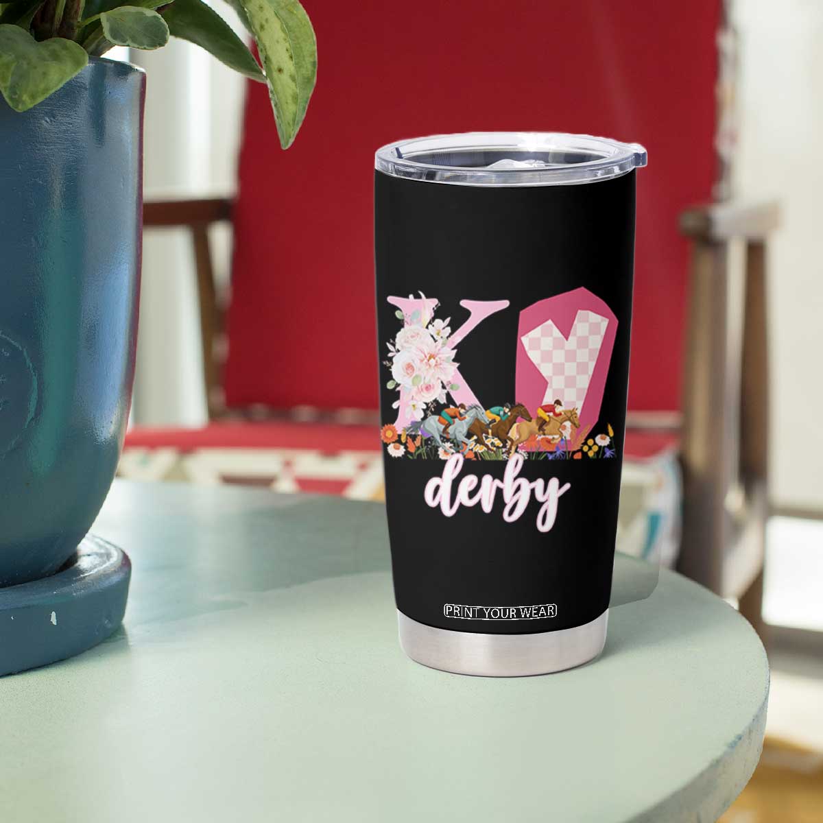 Retro Floral KY Horse Racing Graphic Tumbler Cup Pink Gingham Southern Belle Derby Day Aesthetic TS02 Print Your Wear