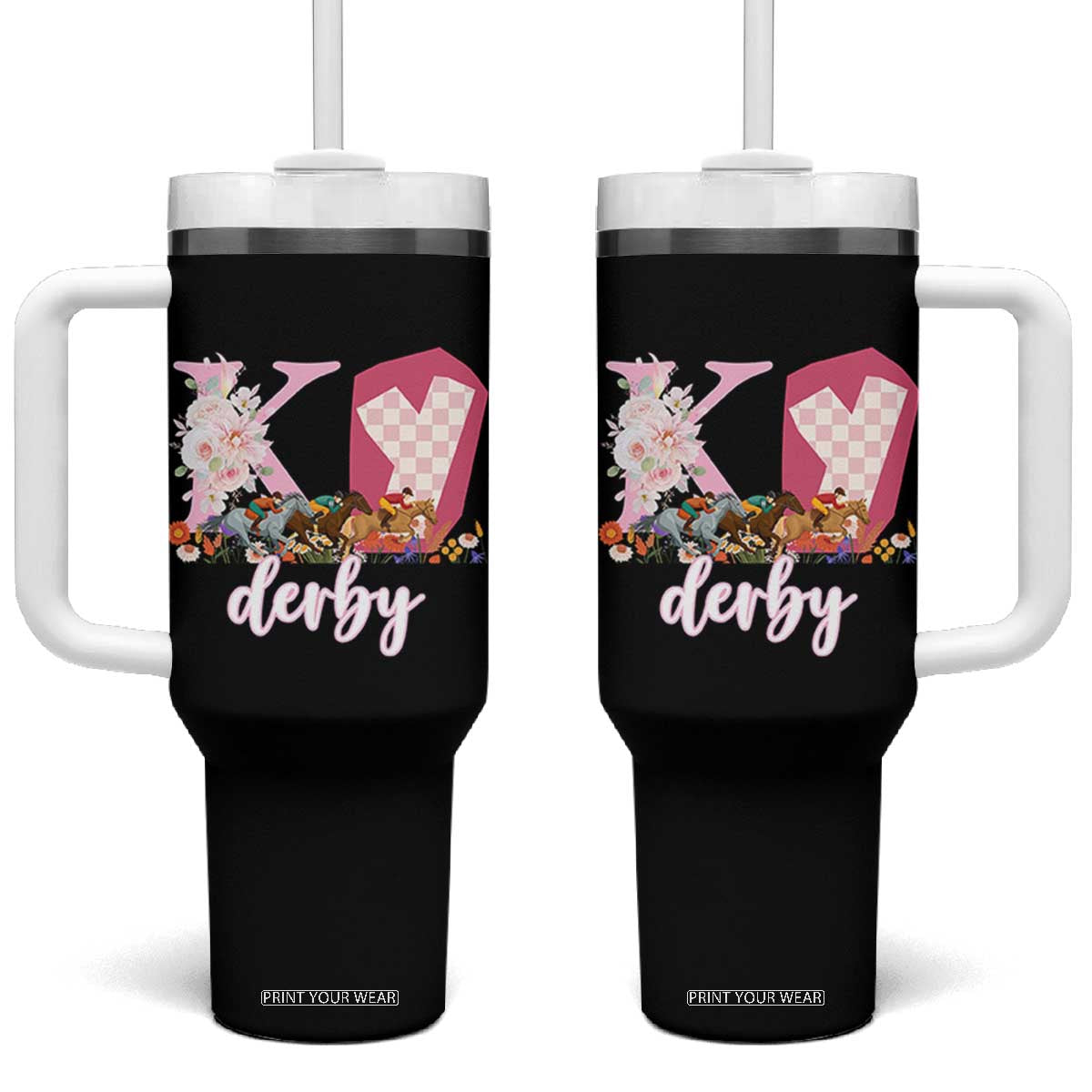 Retro Floral KY Horse Racing Graphic Tumbler With Handle Pink Gingham Southern Belle Derby Day Aesthetic TS02 One Size: 40 oz Black Print Your Wear