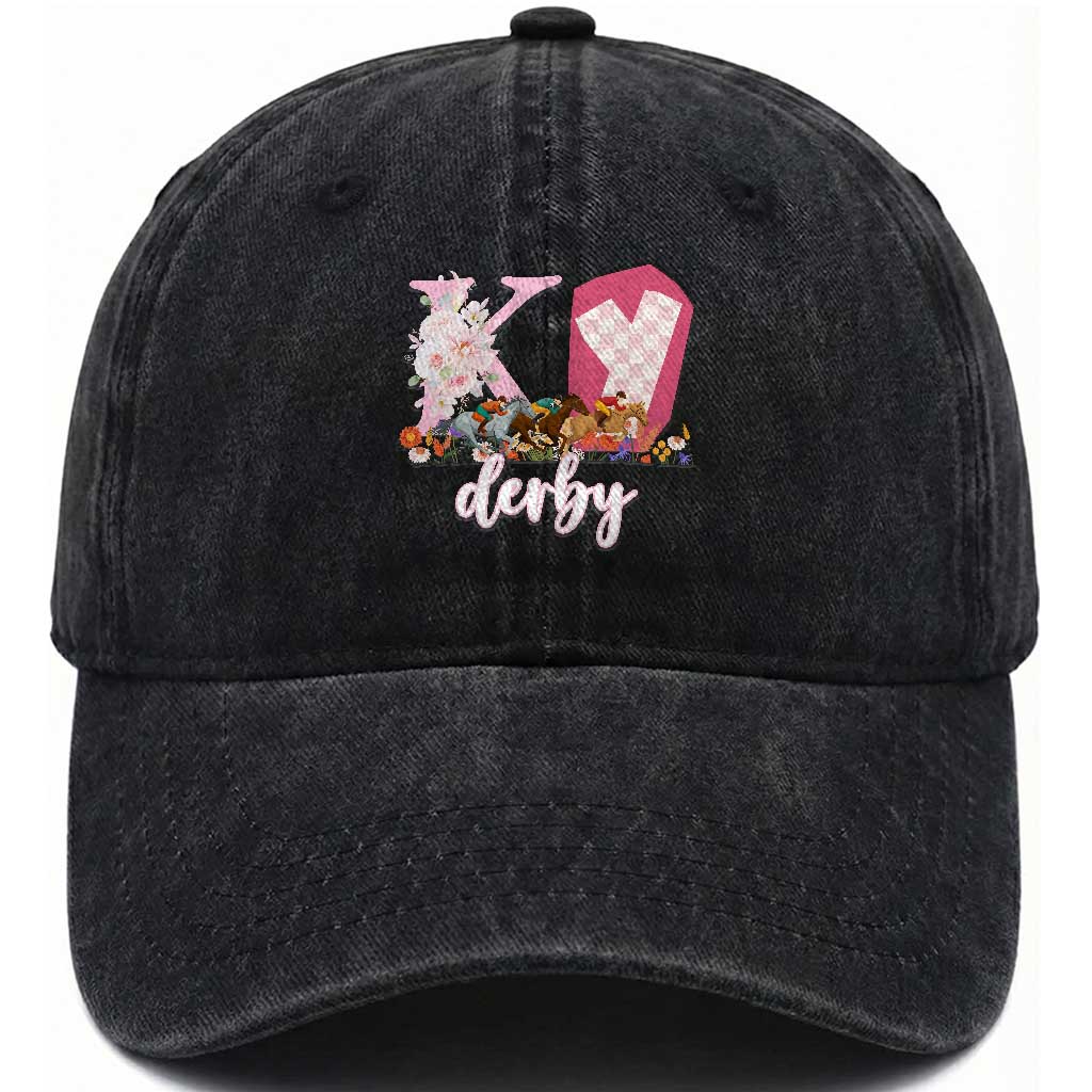 Retro Floral KY Horse Racing Graphic Washed Cotton Baseball Cap Pink Gingham Southern Belle Derby Day Aesthetic TS02 Print Your Wear