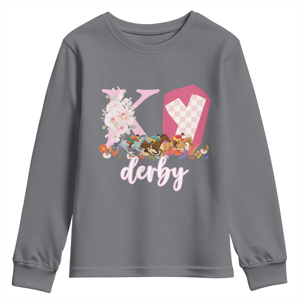 Retro Floral KY Horse Racing Graphic Youth Sweatshirt Pink Gingham Southern Belle Derby Day Aesthetic TS02 Charcoal Print Your Wear