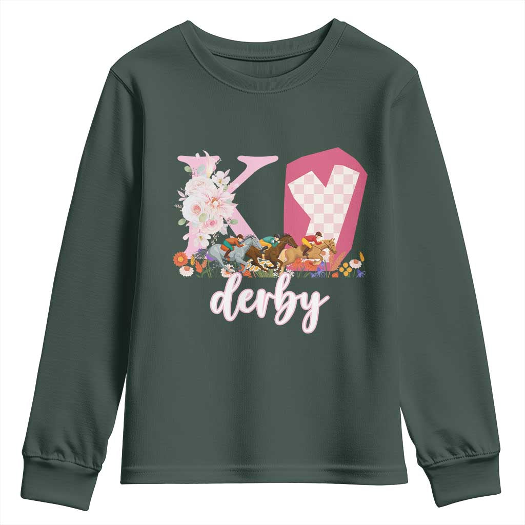 Retro Floral KY Horse Racing Graphic Youth Sweatshirt Pink Gingham Southern Belle Derby Day Aesthetic TS02 Dark Forest Green Print Your Wear