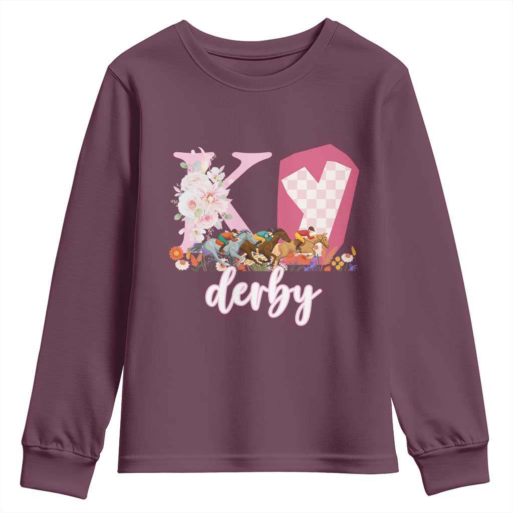 Retro Floral KY Horse Racing Graphic Youth Sweatshirt Pink Gingham Southern Belle Derby Day Aesthetic TS02 Maroon Print Your Wear