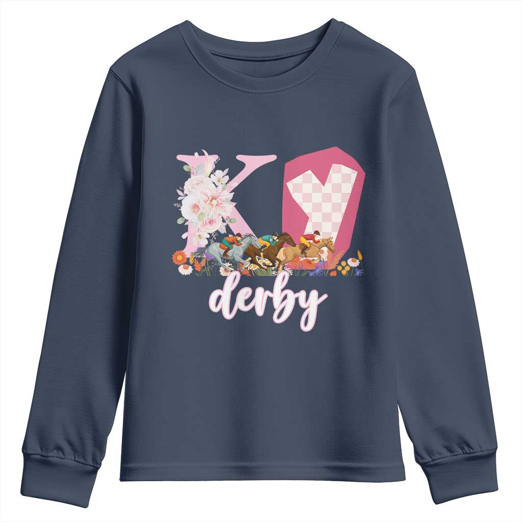 Retro Floral KY Horse Racing Graphic Youth Sweatshirt Pink Gingham Southern Belle Derby Day Aesthetic TS02 Navy Print Your Wear