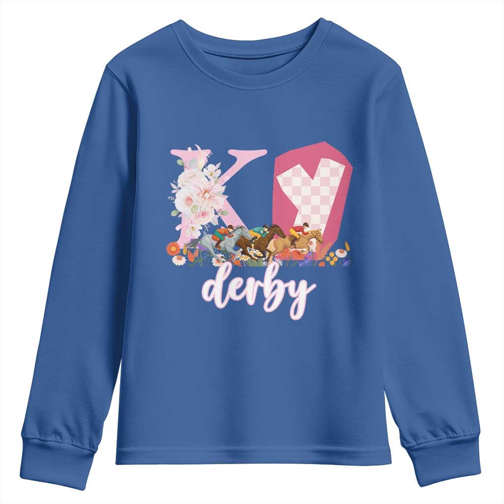 Retro Floral KY Horse Racing Graphic Youth Sweatshirt Pink Gingham Southern Belle Derby Day Aesthetic TS02 Royal Blue Print Your Wear
