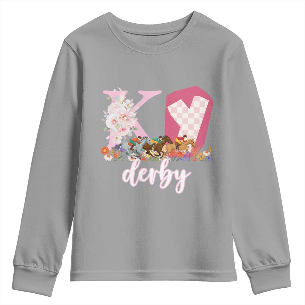 Retro Floral KY Horse Racing Graphic Youth Sweatshirt Pink Gingham Southern Belle Derby Day Aesthetic TS02 Sport Gray Print Your Wear