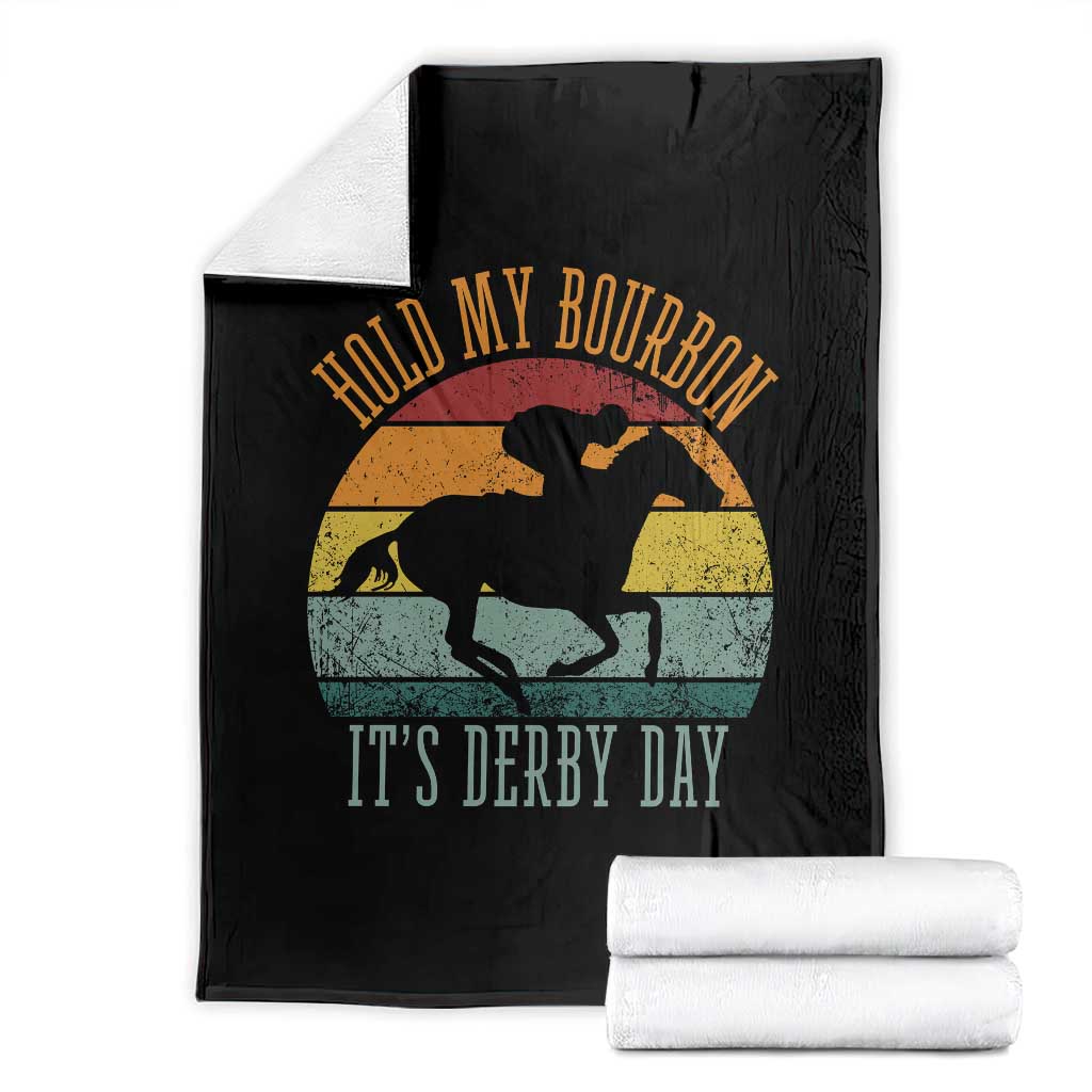 Hold My Bourbon It’s Derby Day Vintage Sunset Throw Blanket Funny Horse Racing Enthusiast Retro Graphic TS02 Black Print Your Wear
