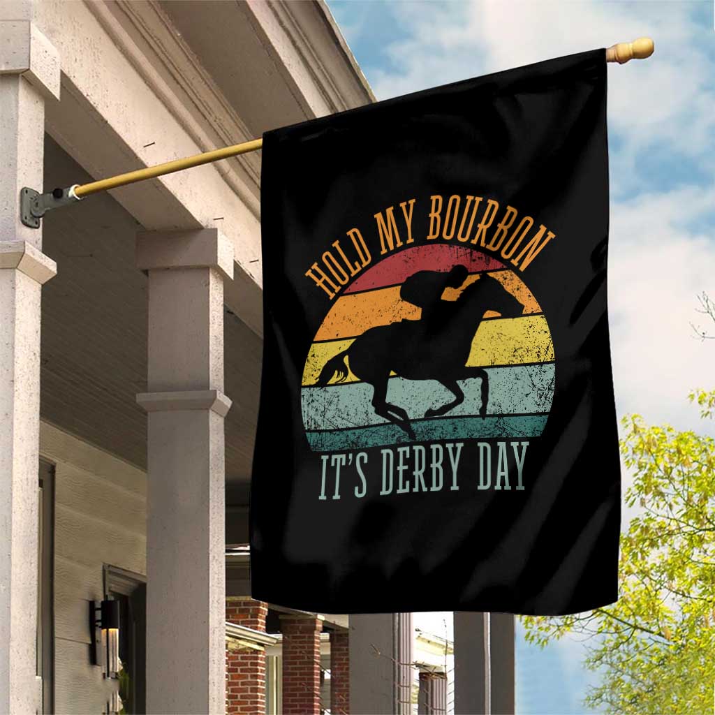 Hold My Bourbon It’s Derby Day Vintage Sunset Garden Flag Funny Horse Racing Enthusiast Retro Graphic TS02 Print Your Wear