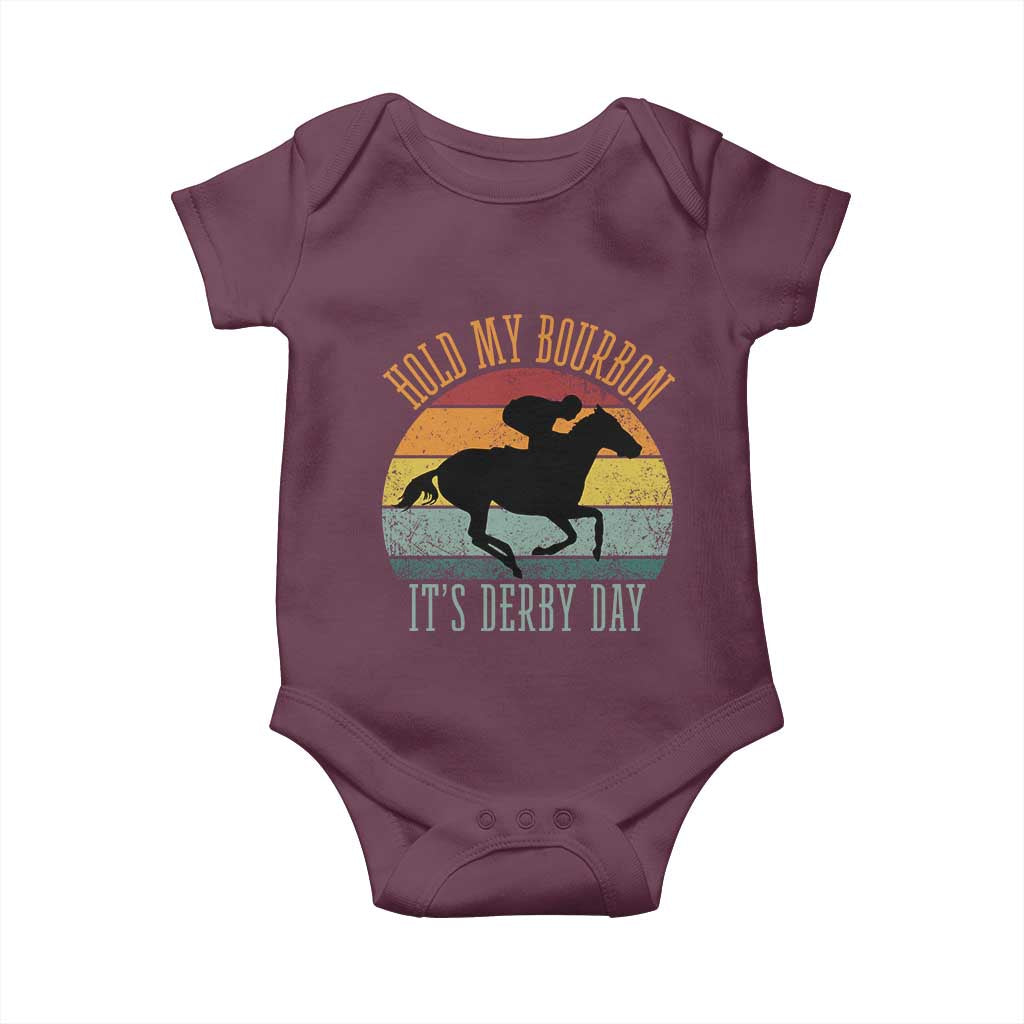 Hold My Bourbon It’s Derby Day Vintage Sunset Baby Onesie Funny Horse Racing Enthusiast Retro Graphic TS02 Maroon Print Your Wear