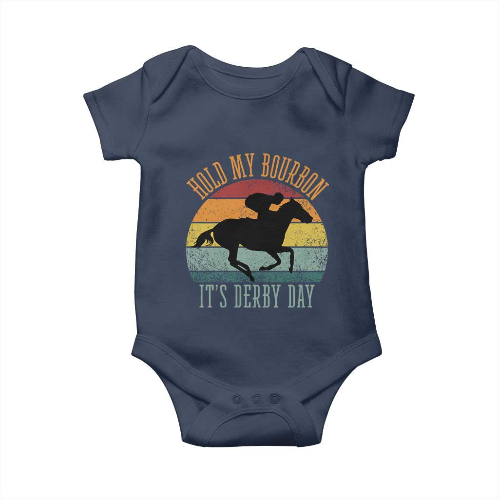 Hold My Bourbon It’s Derby Day Vintage Sunset Baby Onesie Funny Horse Racing Enthusiast Retro Graphic TS02 Navy Print Your Wear