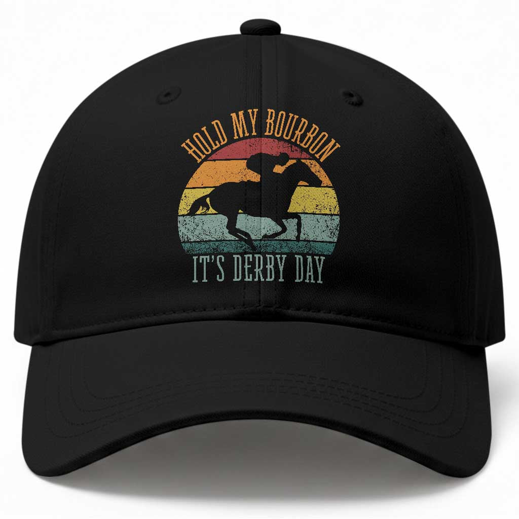 Hold My Bourbon It’s Derby Day Vintage Sunset Baseball Cap Funny Horse Racing Enthusiast Retro Graphic TS02 Print Your Wear