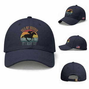 Hold My Bourbon It’s Derby Day Vintage Sunset Baseball Cap Funny Horse Racing Enthusiast Retro Graphic TS02 Baseball Cap Universal Fit Navy Print Your Wear