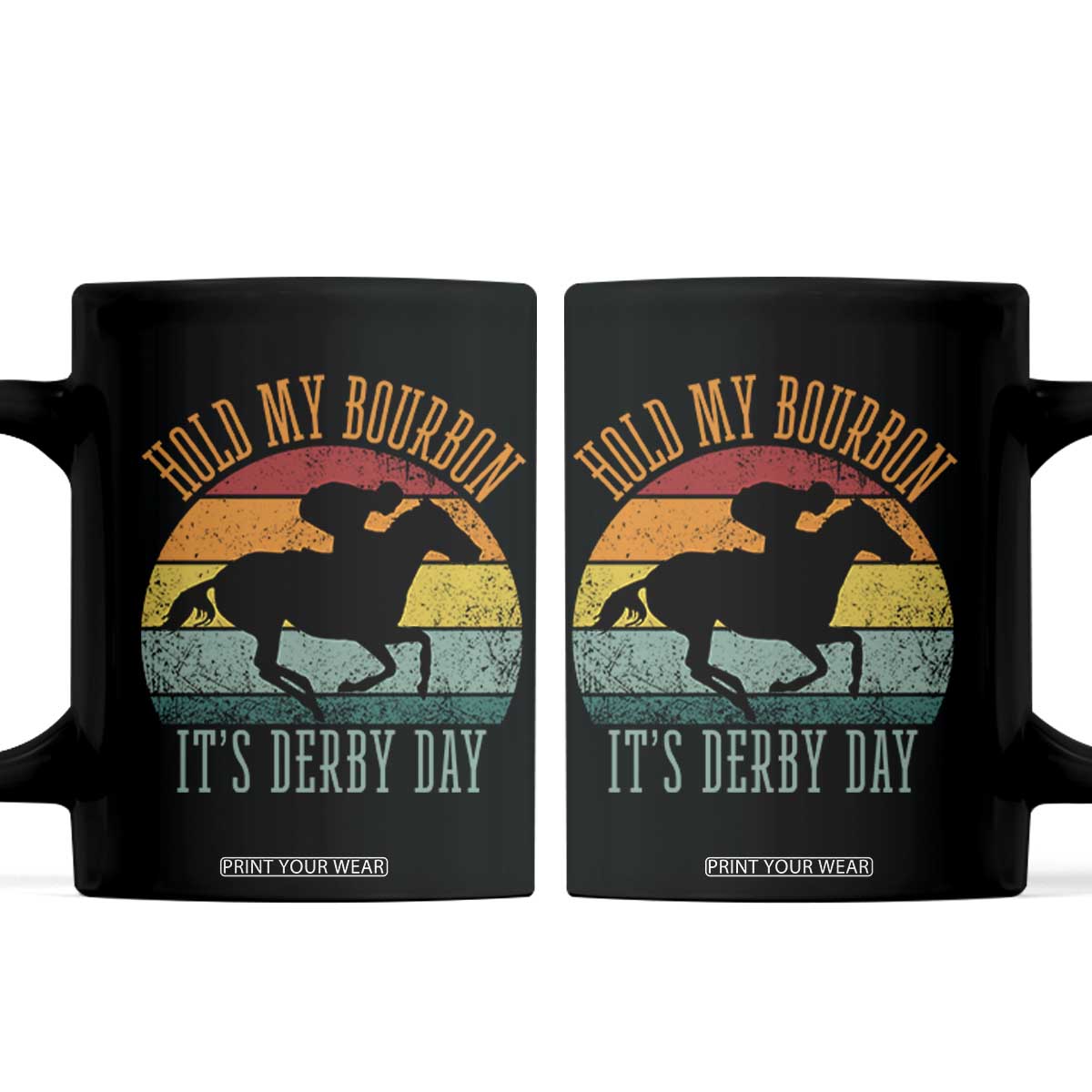 Hold My Bourbon It’s Derby Day Vintage Sunset Coffee Mug Funny Horse Racing Enthusiast Retro Graphic TS02 Black Print Your Wear