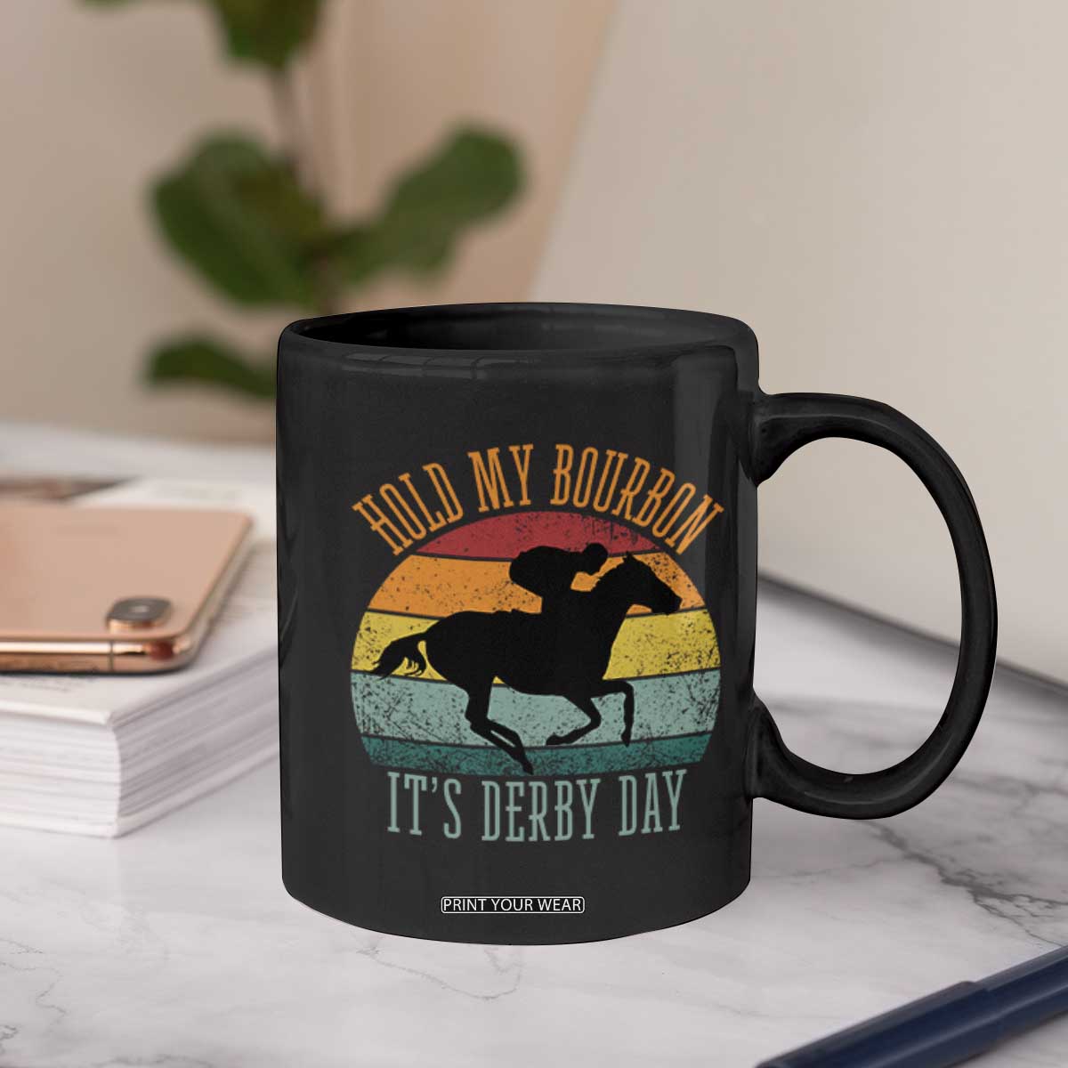 Hold My Bourbon It’s Derby Day Vintage Sunset Coffee Mug Funny Horse Racing Enthusiast Retro Graphic TS02 Print Your Wear