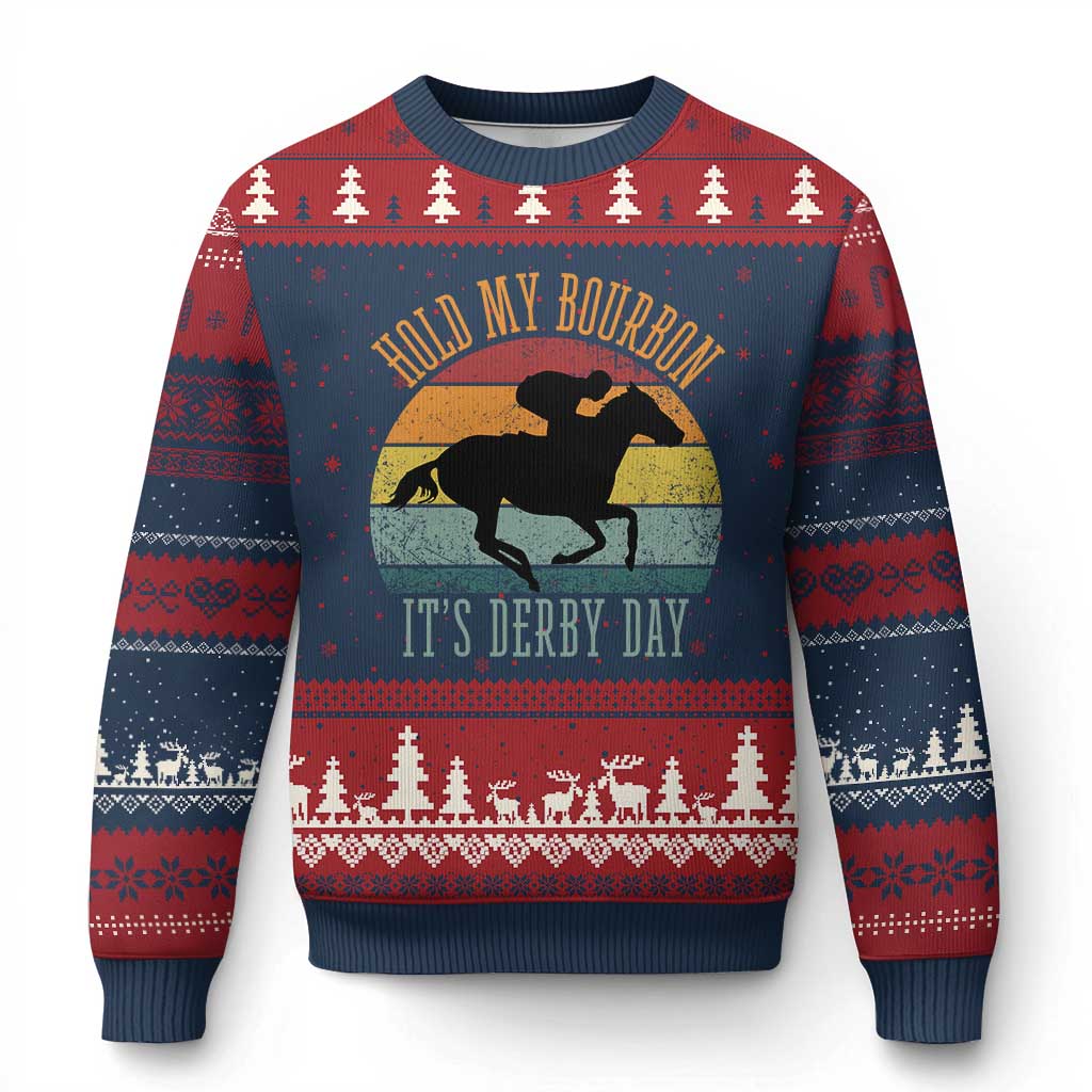 Hold My Bourbon It’s Derby Day Vintage Sunset Ugly Christmas Sweater Funny Horse Racing Enthusiast Retro Graphic TS02 Navy Red Print Your Wear