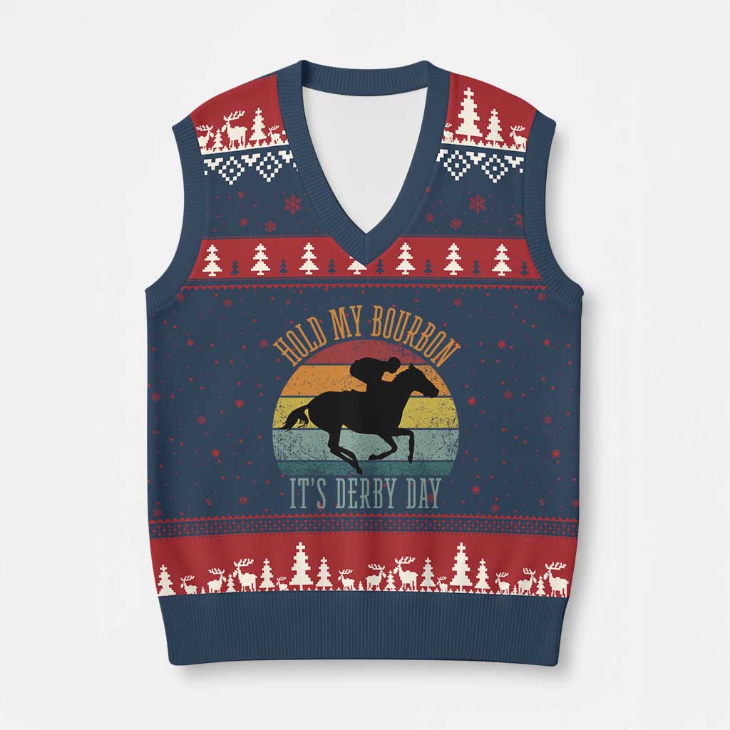 Hold My Bourbon It’s Derby Day Vintage Sunset V-Neck Knit Sweater Vest Funny Horse Racing Enthusiast Retro Graphic TS02 Navy Red Print Your Wear