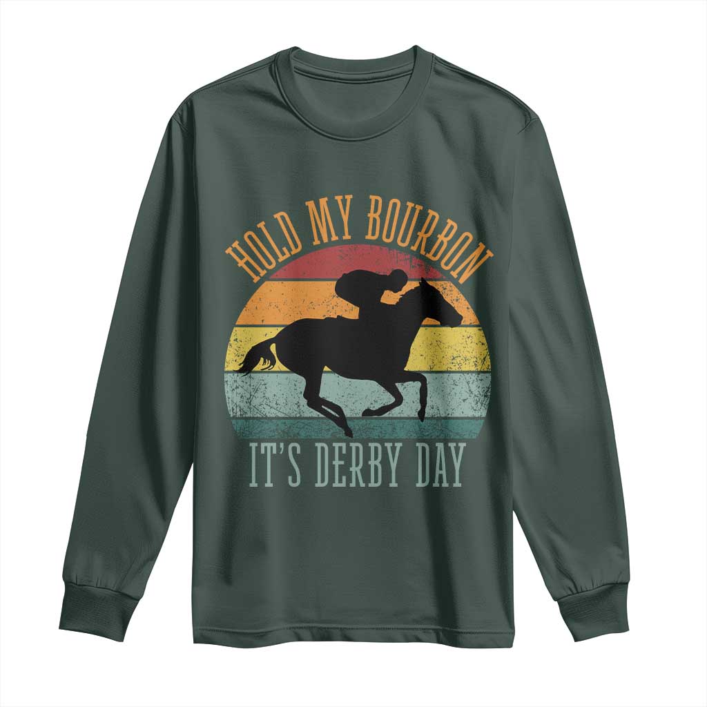 Hold My Bourbon It’s Derby Day Vintage Sunset Long Sleeve Shirt Funny Horse Racing Enthusiast Retro Graphic TS02 Dark Forest Green Print Your Wear