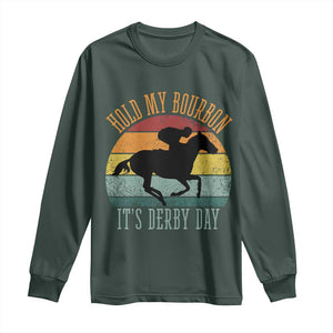Hold My Bourbon It’s Derby Day Vintage Sunset Long Sleeve Shirt Funny Horse Racing Enthusiast Retro Graphic TS02 Dark Forest Green Print Your Wear