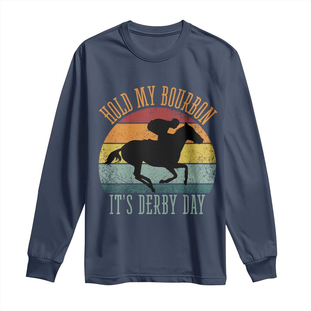 Hold My Bourbon It’s Derby Day Vintage Sunset Long Sleeve Shirt Funny Horse Racing Enthusiast Retro Graphic TS02 Navy Print Your Wear