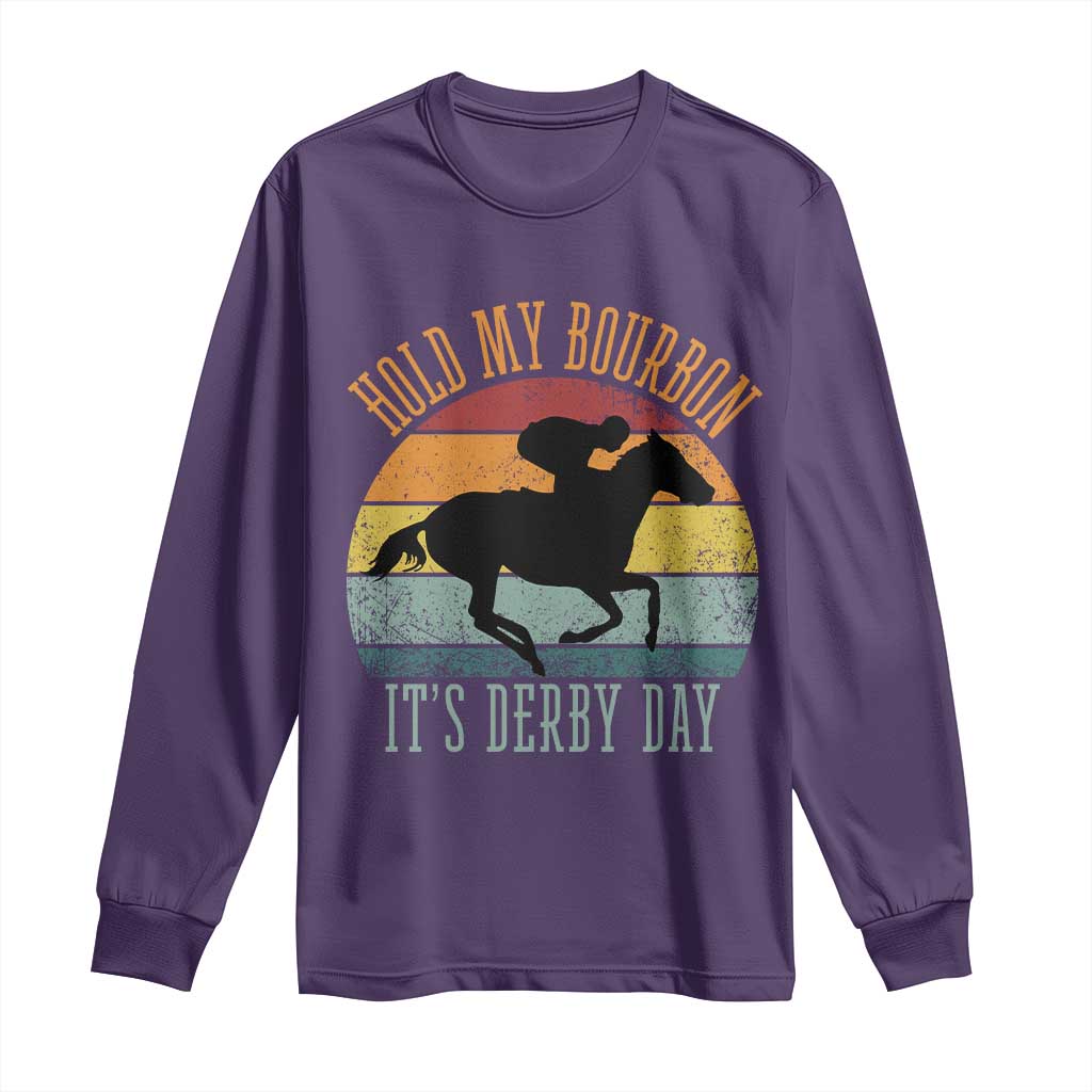 Hold My Bourbon It’s Derby Day Vintage Sunset Long Sleeve Shirt Funny Horse Racing Enthusiast Retro Graphic TS02 Purple Print Your Wear