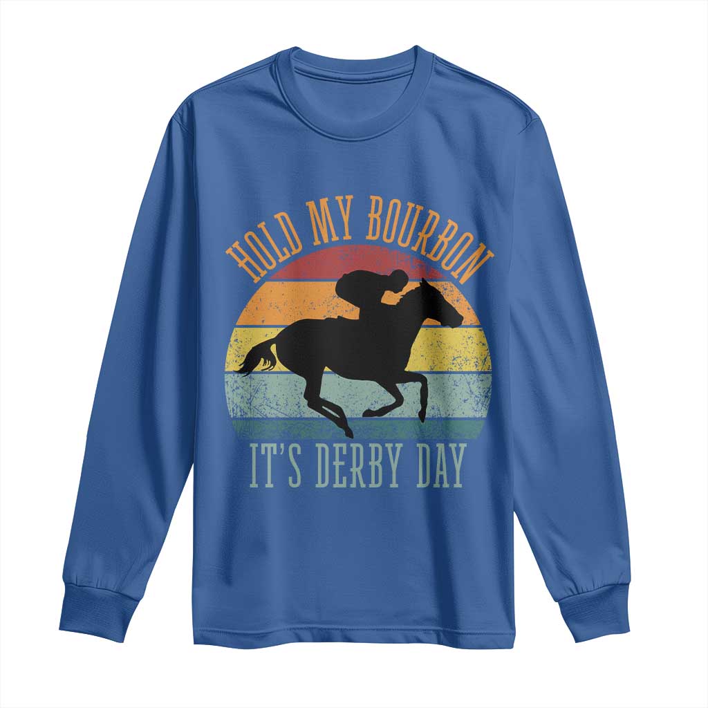 Hold My Bourbon It’s Derby Day Vintage Sunset Long Sleeve Shirt Funny Horse Racing Enthusiast Retro Graphic TS02 Royal Blue Print Your Wear