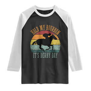 Hold My Bourbon It’s Derby Day Vintage Sunset Raglan Shirt Funny Horse Racing Enthusiast Retro Graphic TS02 Black White Print Your Wear