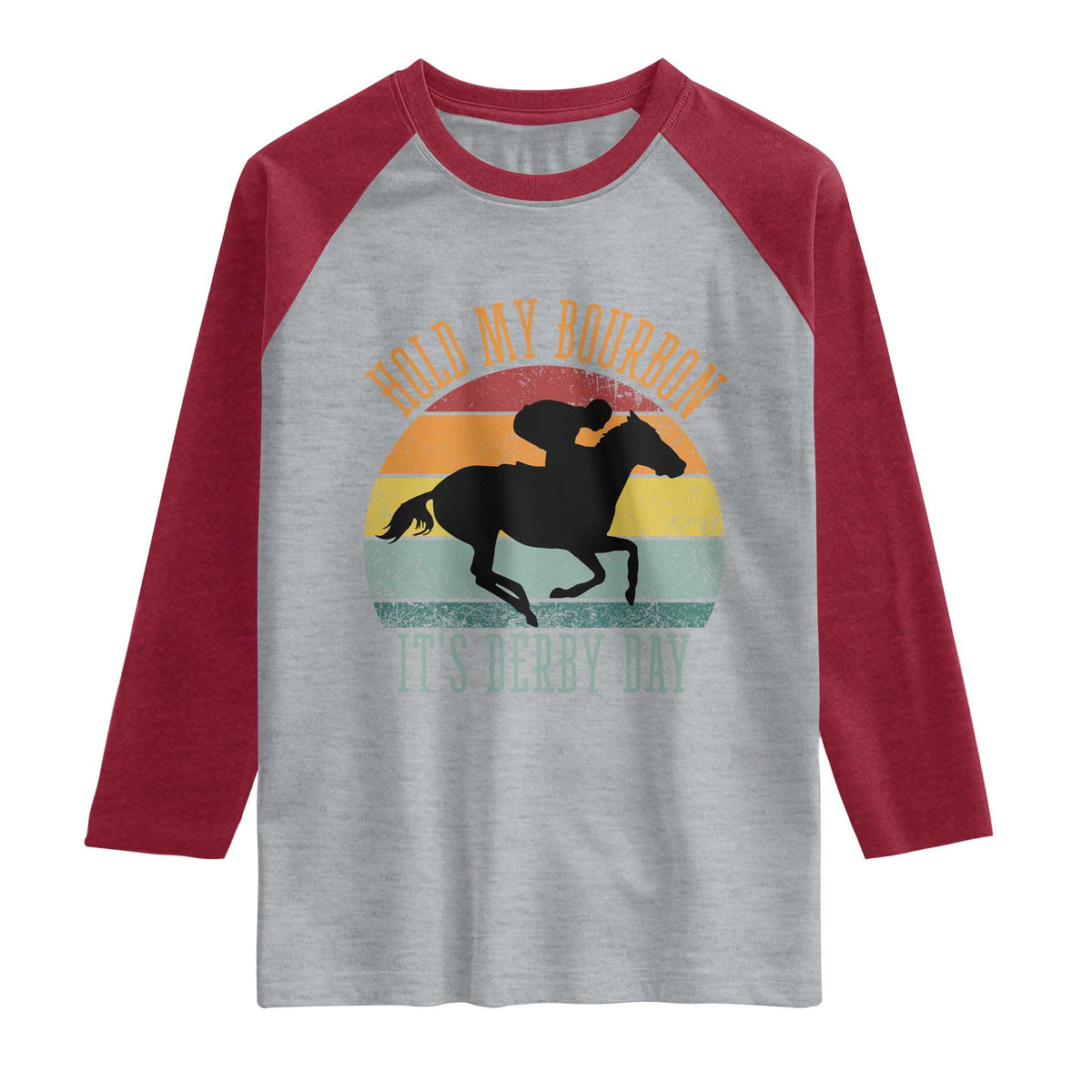Hold My Bourbon It’s Derby Day Vintage Sunset Raglan Shirt Funny Horse Racing Enthusiast Retro Graphic TS02 Heather Gray Heather Red Print Your Wear