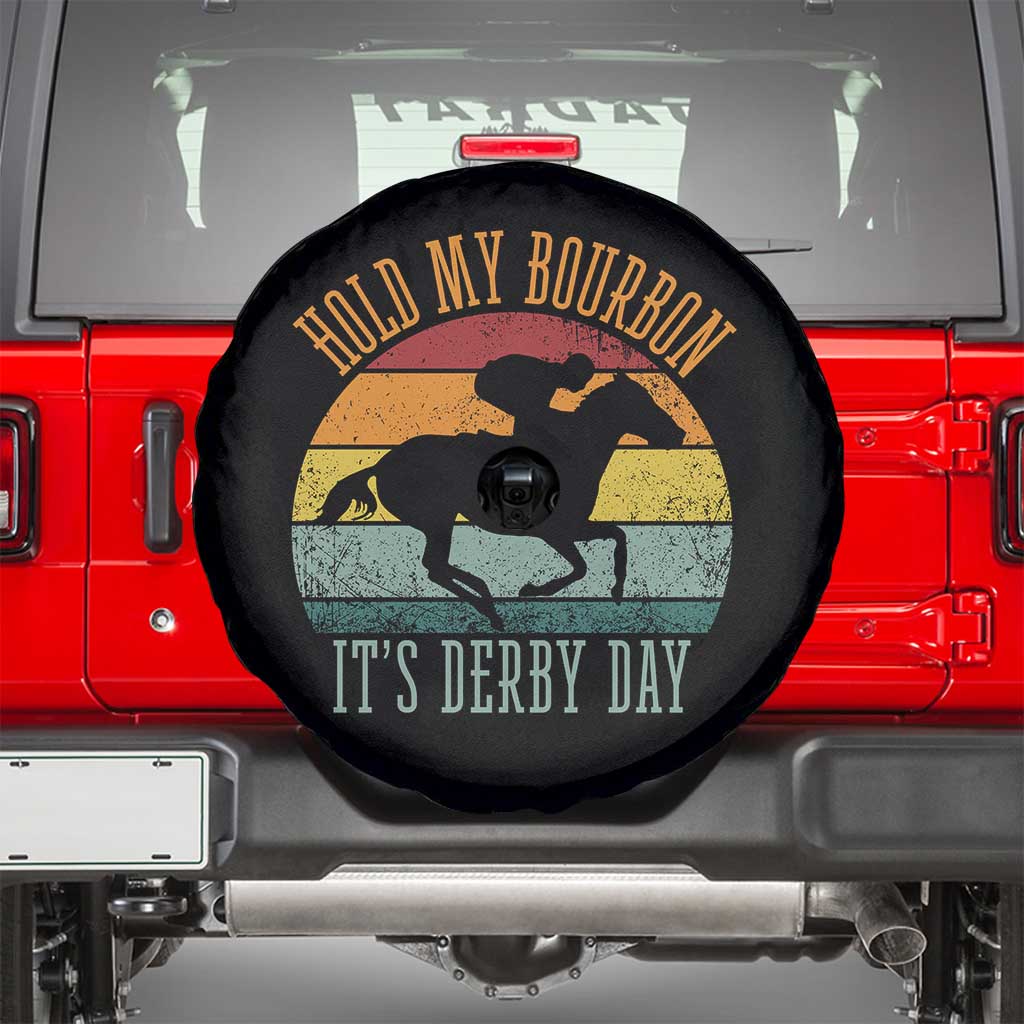 Hold My Bourbon It’s Derby Day Vintage Sunset Spare Tire Cover Funny Horse Racing Enthusiast Retro Graphic TS02 Black Print Your Wear