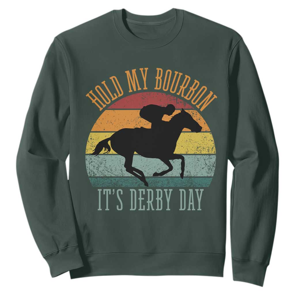 Hold My Bourbon It’s Derby Day Vintage Sunset Sweatshirt Funny Horse Racing Enthusiast Retro Graphic TS02 Dark Forest Green Print Your Wear