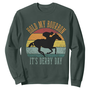 Hold My Bourbon It’s Derby Day Vintage Sunset Sweatshirt Funny Horse Racing Enthusiast Retro Graphic TS02 Dark Forest Green Print Your Wear