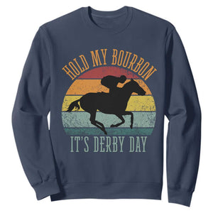 Hold My Bourbon It’s Derby Day Vintage Sunset Sweatshirt Funny Horse Racing Enthusiast Retro Graphic TS02 Navy Print Your Wear