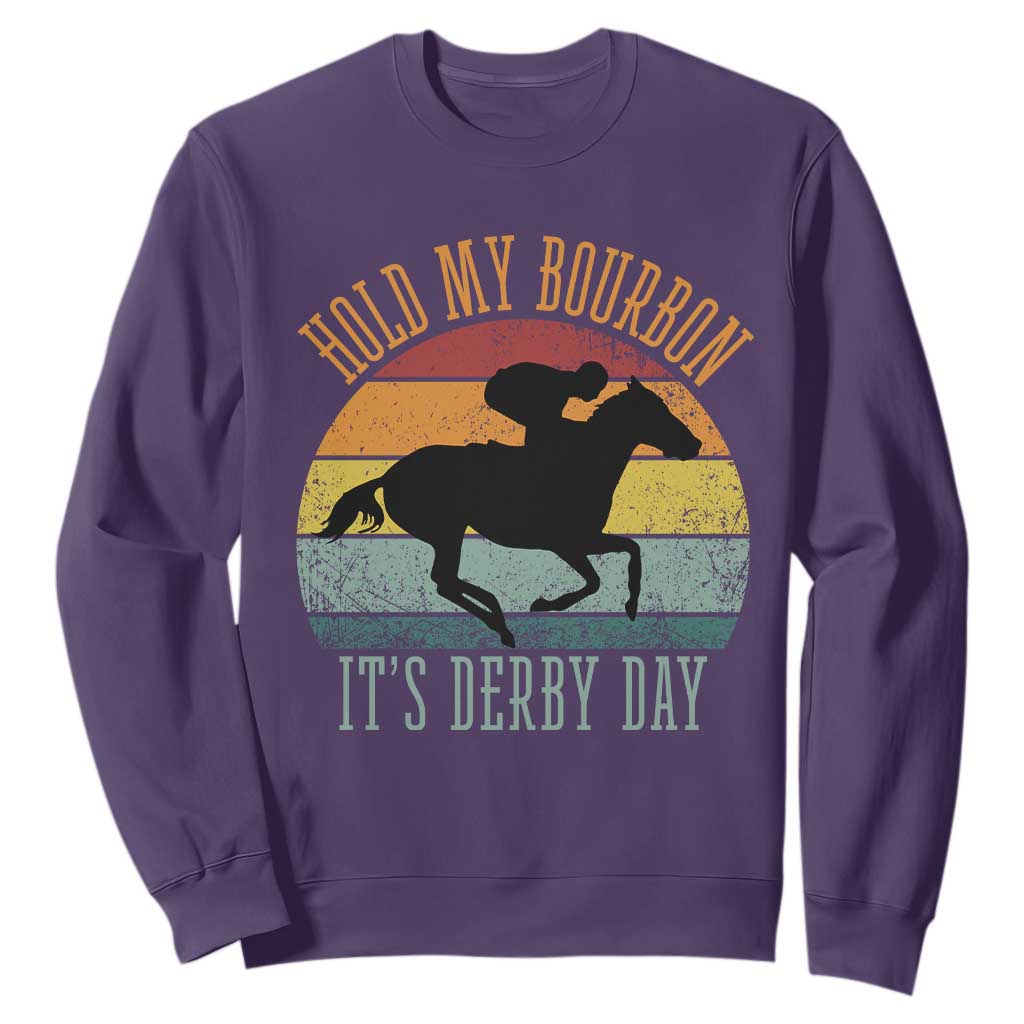 Hold My Bourbon It’s Derby Day Vintage Sunset Sweatshirt Funny Horse Racing Enthusiast Retro Graphic TS02 Purple Print Your Wear