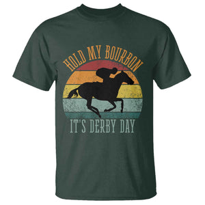 Hold My Bourbon It’s Derby Day Vintage Sunset T Shirt Funny Horse Racing Enthusiast Retro Graphic TS02 Dark Forest Green Print Your Wear