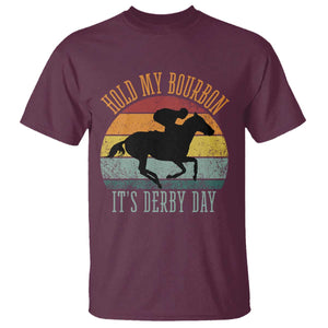 Hold My Bourbon It’s Derby Day Vintage Sunset T Shirt Funny Horse Racing Enthusiast Retro Graphic TS02 Maroon Print Your Wear