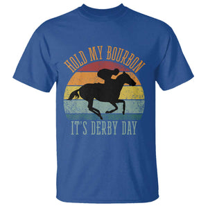 Hold My Bourbon It’s Derby Day Vintage Sunset T Shirt Funny Horse Racing Enthusiast Retro Graphic TS02 Royal Blue Print Your Wear