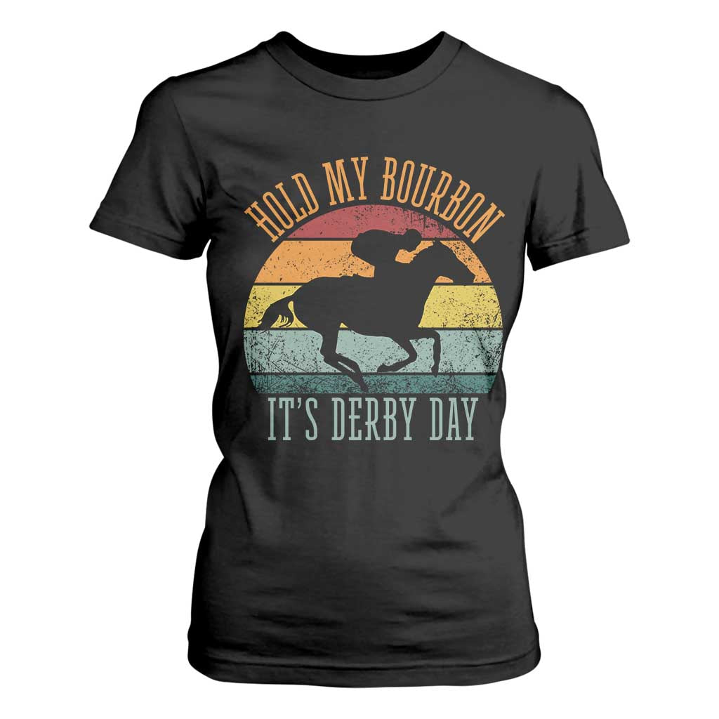 Hold My Bourbon It’s Derby Day Vintage Sunset T Shirt For Women Funny Horse Racing Enthusiast Retro Graphic TS02 Black Print Your Wear