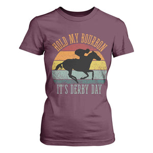 Hold My Bourbon It’s Derby Day Vintage Sunset T Shirt For Women Funny Horse Racing Enthusiast Retro Graphic TS02 Maroon Print Your Wear