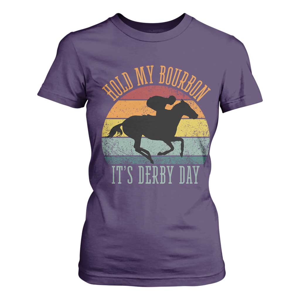 Hold My Bourbon It’s Derby Day Vintage Sunset T Shirt For Women Funny Horse Racing Enthusiast Retro Graphic TS02 Purple Print Your Wear
