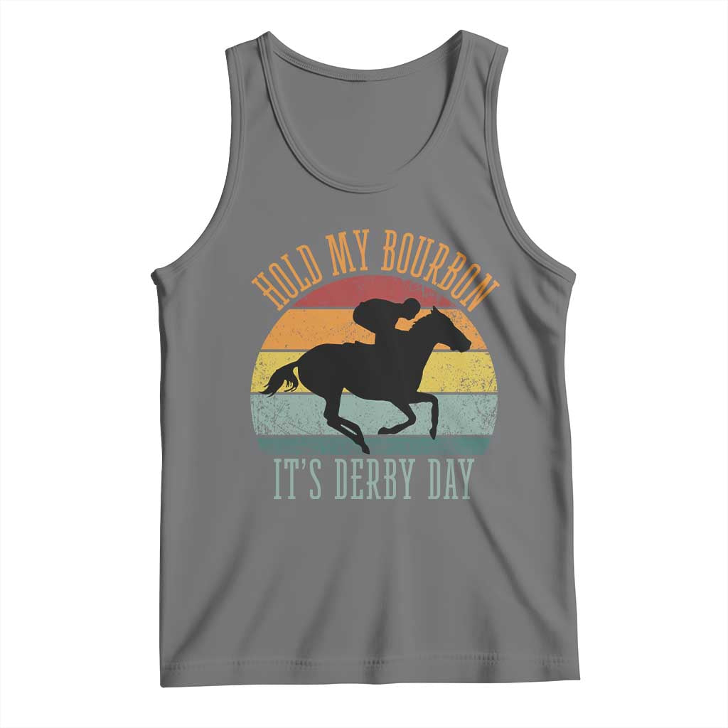 Hold My Bourbon It’s Derby Day Vintage Sunset Tank Top Funny Horse Racing Enthusiast Retro Graphic TS02 Black Heather Print Your Wear